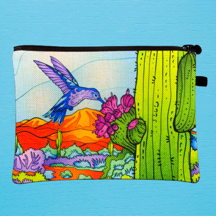 Linen Bag - Hummingbird with Saguaro in Blue Sky